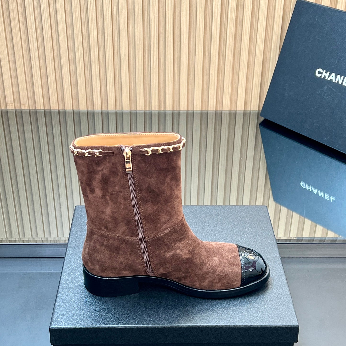 CHANEL 25S SHORT BOOTS WITH CHAIN IN DARK BROWN SUEDE - 35