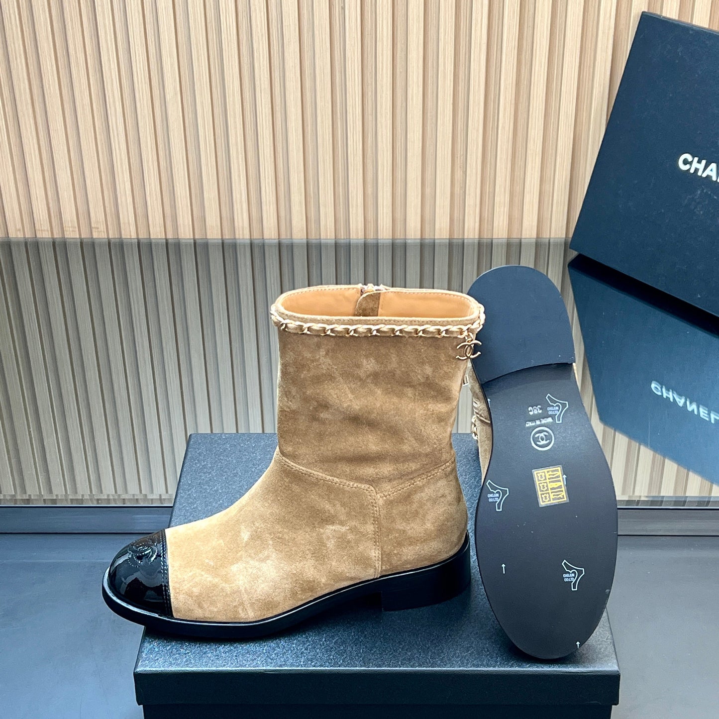 CHANEL 25S SHORT BOOTS WITH CHAIN IN LIGHT BROWN SUEDE - 35