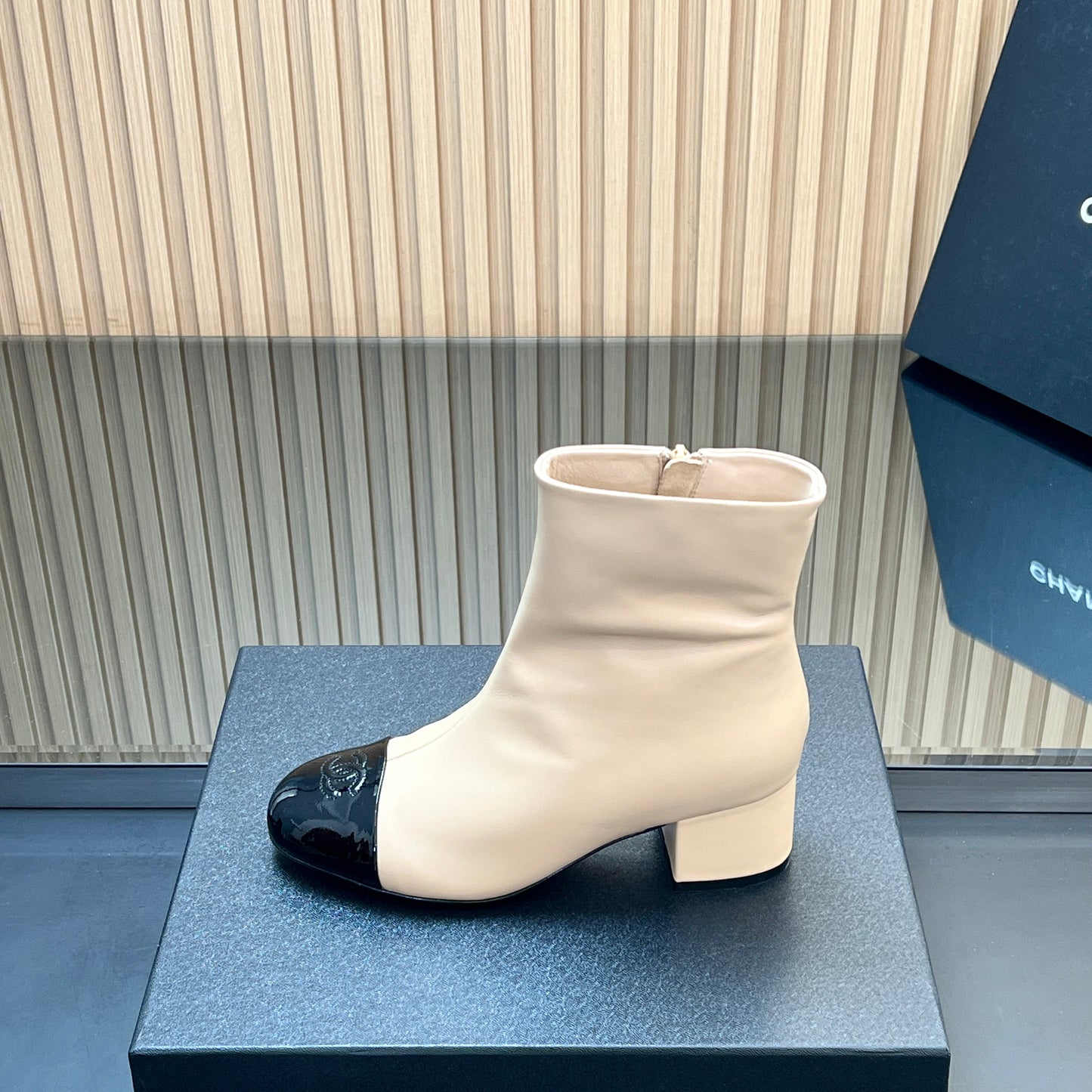 CHANEL 25S BOOTS WITH PATENT TOE CAP 50MM IN BEIGE AND BLACK CALFSKIN - 35