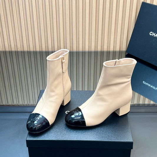 CHANEL 25S BOOTS WITH PATENT TOE CAP 50MM IN BEIGE AND BLACK CALFSKIN - 35