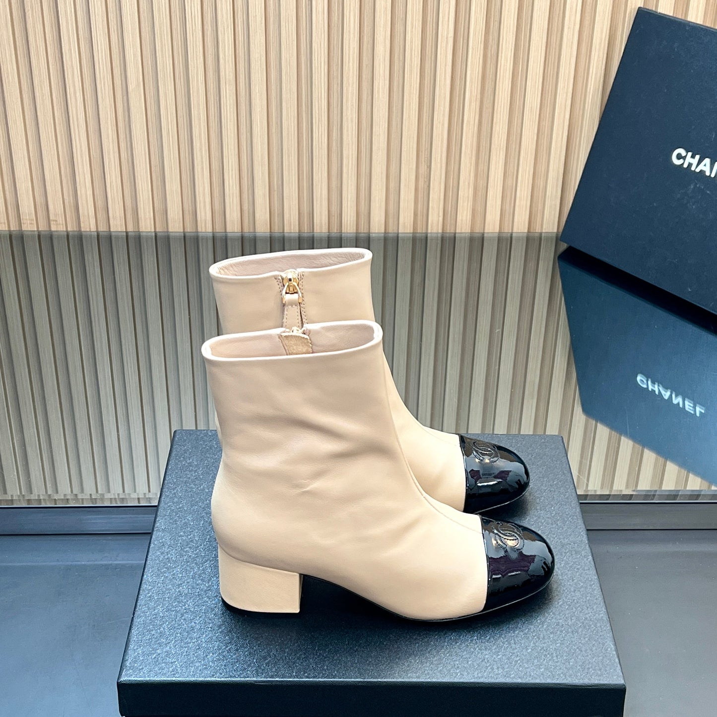 CHANEL 25S BOOTS WITH PATENT TOE CAP 50MM IN BEIGE AND BLACK CALFSKIN - 35
