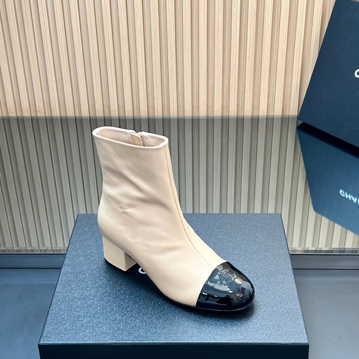 CHANEL 25S BOOTS WITH PATENT TOE CAP 50MM IN BEIGE AND BLACK CALFSKIN - 35