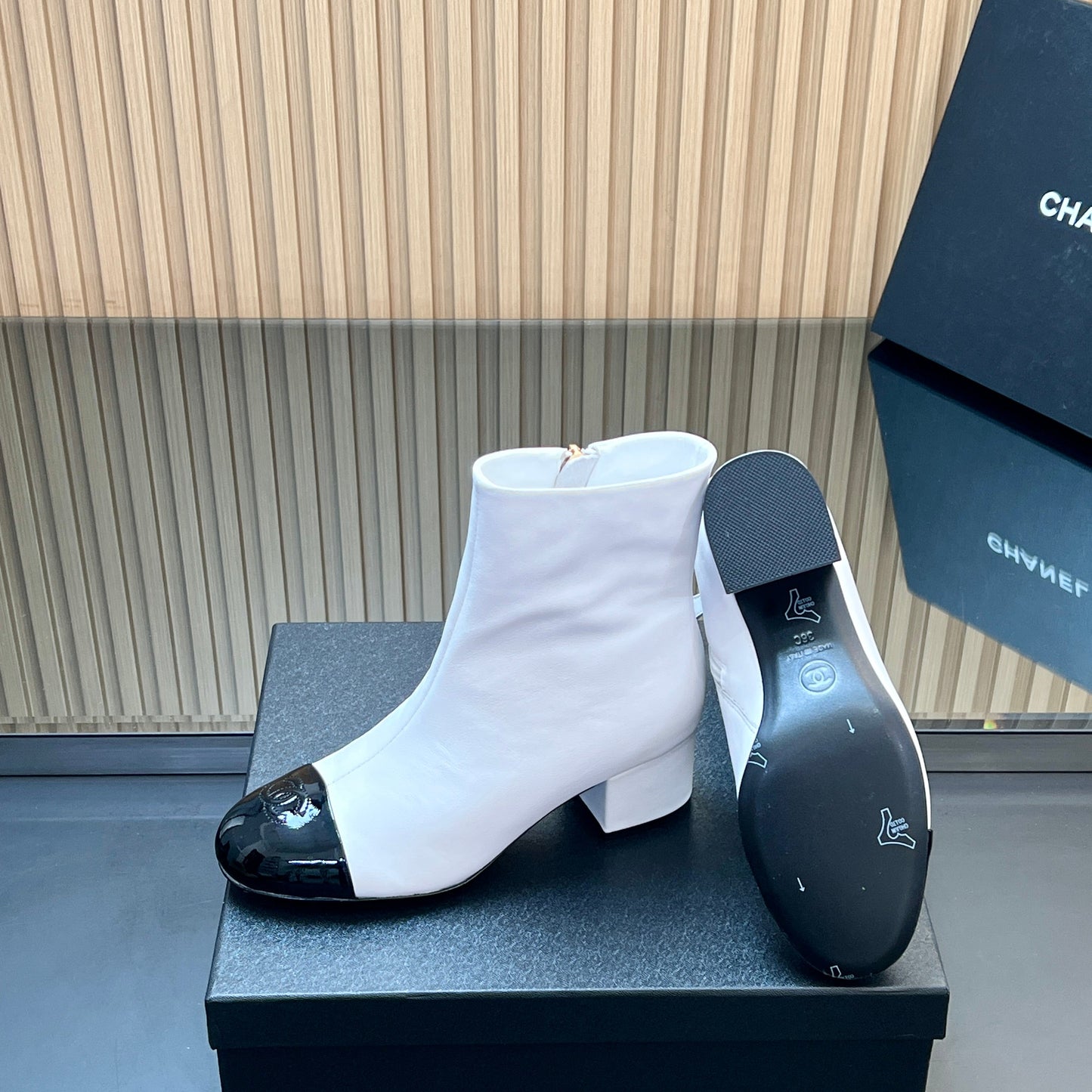 CHANEL 25S BOOTS WITH PATENT TOE CAP 50MM IN WHITE AND BLACK CALFSKIN - 35