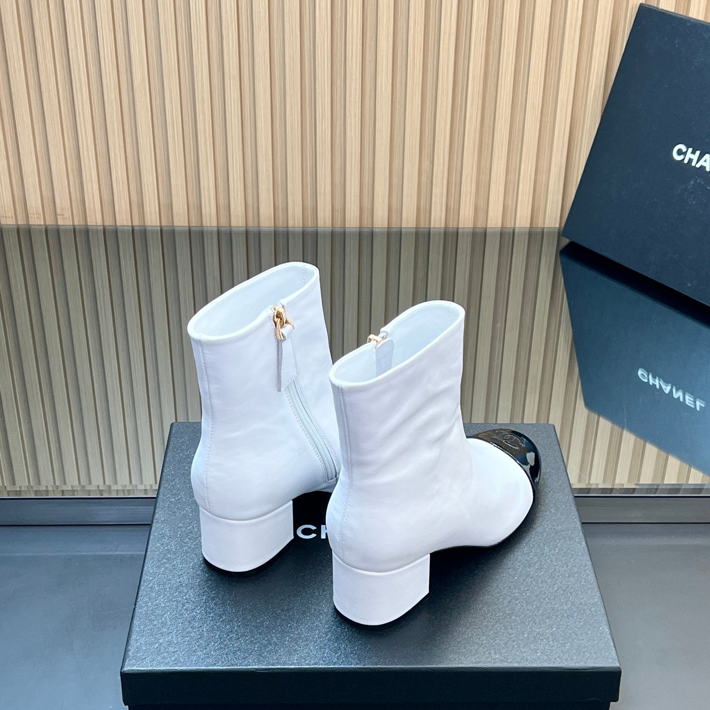 CHANEL 25S BOOTS WITH PATENT TOE CAP 50MM IN WHITE AND BLACK CALFSKIN - 35