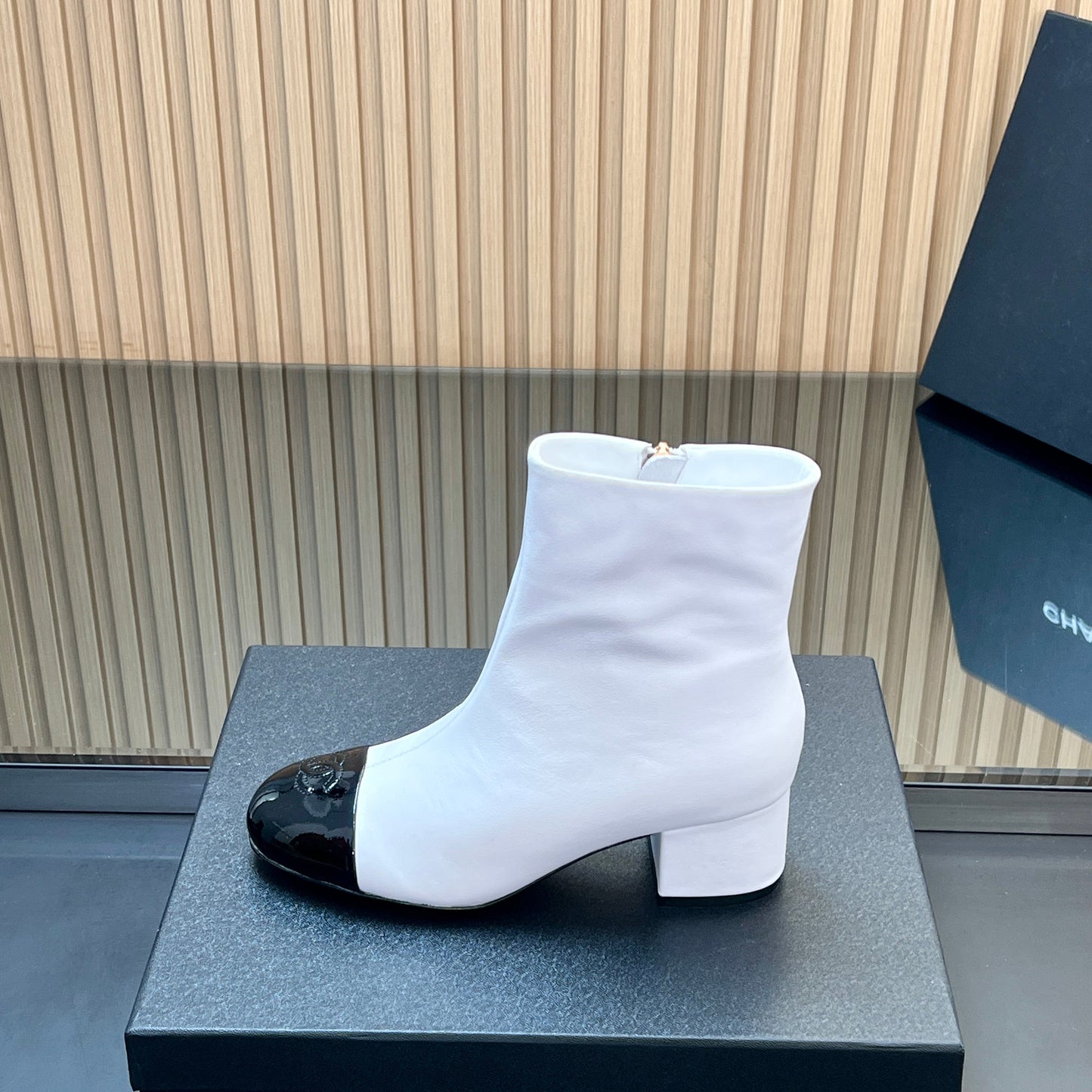 CHANEL 25S BOOTS WITH PATENT TOE CAP 50MM IN WHITE AND BLACK CALFSKIN - 35