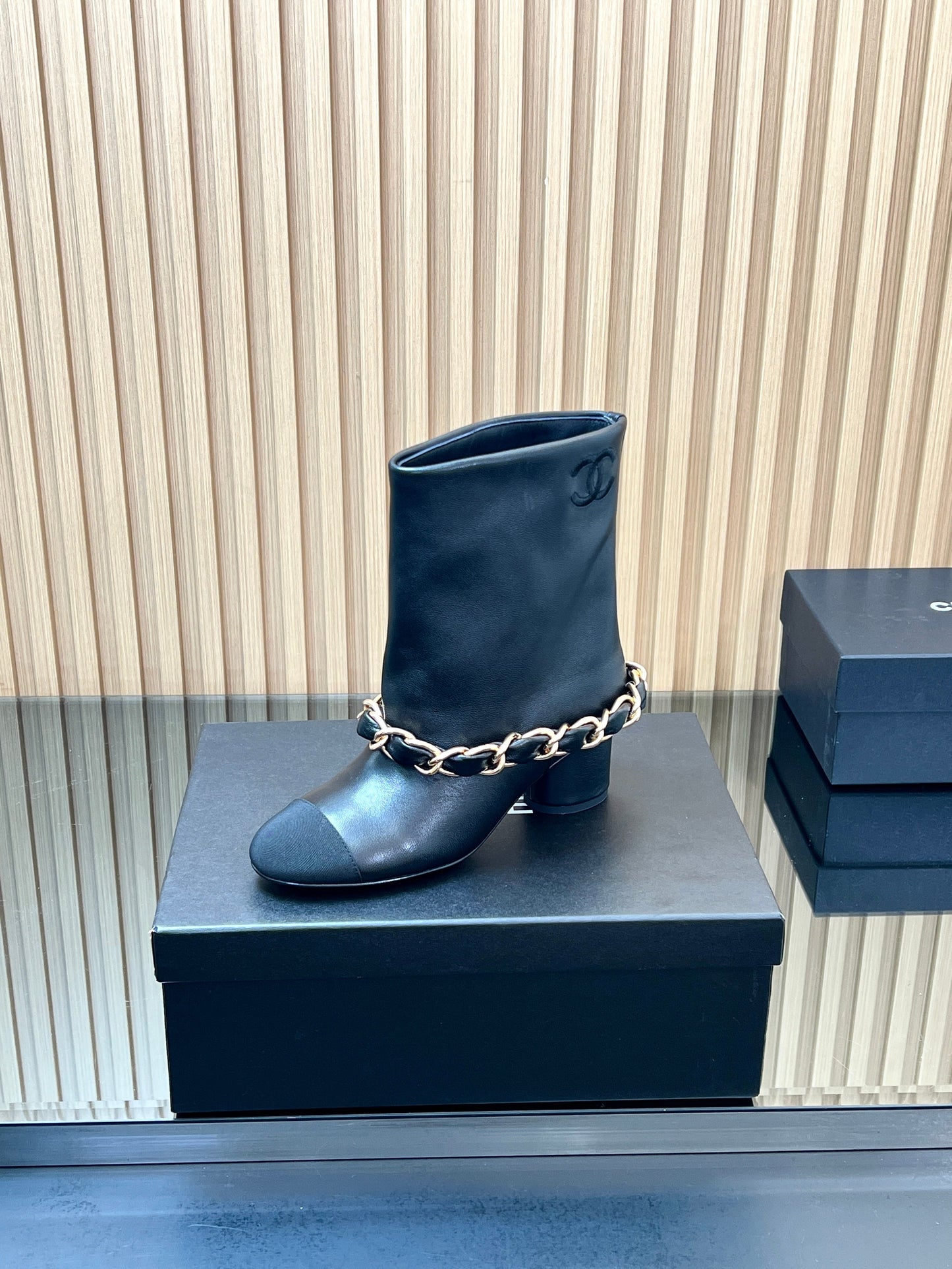 CHANEL 25S LOW BOOTS 65MM IN BLACK CALFSKIN GOLD HARDWRE - 35