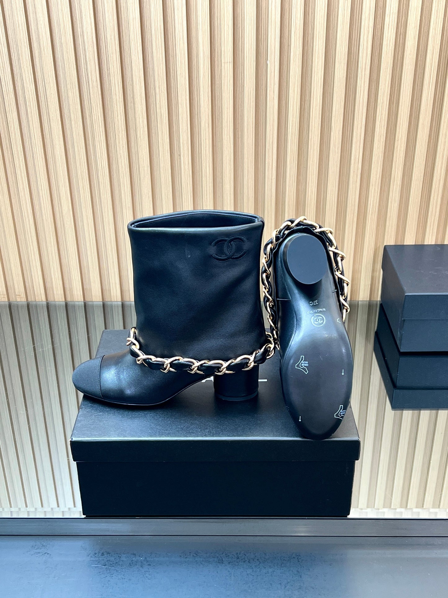 CHANEL 25S LOW BOOTS 65MM IN BLACK CALFSKIN GOLD HARDWRE - 35