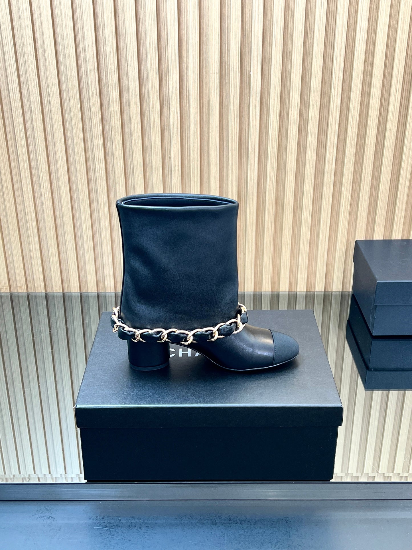 CHANEL 25S LOW BOOTS 65MM IN BLACK CALFSKIN GOLD HARDWRE - 35