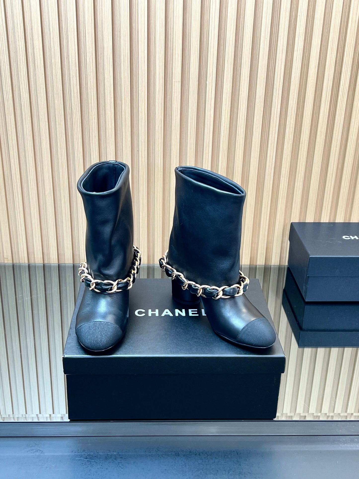 CHANEL 25S LOW BOOTS 65MM IN BLACK CALFSKIN GOLD HARDWRE - 35