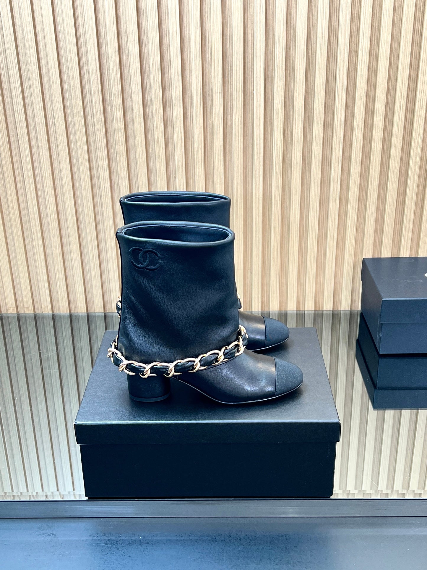 CHANEL 25S LOW BOOTS 65MM IN BLACK CALFSKIN GOLD HARDWRE - 35