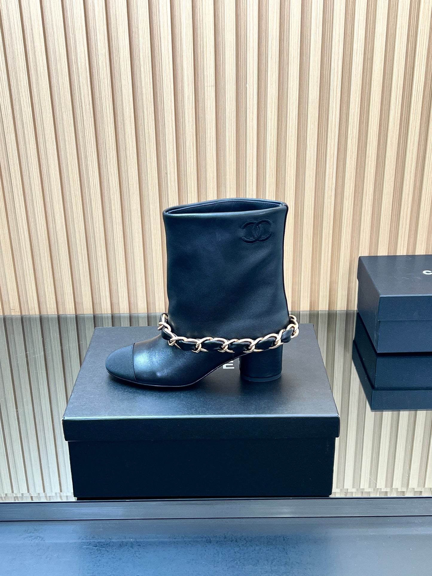 CHANEL 25S LOW BOOTS 65MM IN BLACK CALFSKIN GOLD HARDWRE - 35