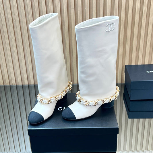 CHANEL 25S HIGH BOOTS 65MM IN WHITE CALFSKIN GOLD HARDWRE - 35