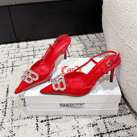 POINTED HIGH SLINGBACK IN RED PATENT CALFSKIN WITH CRYSTAL BUCKLE - 34