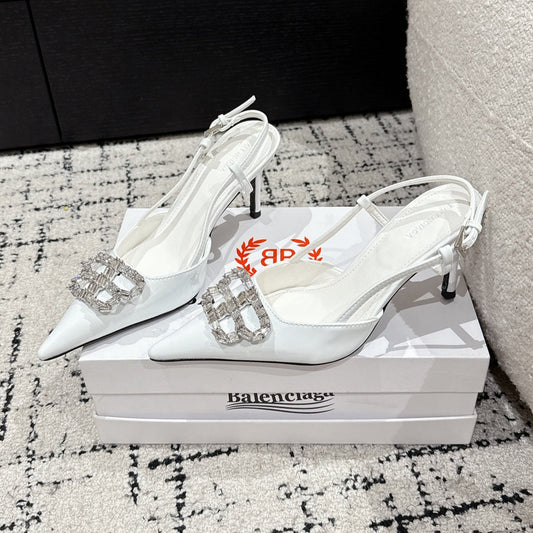 POINTED HIGH SLINGBACK IN WHITE PATENT CALFSKIN WITH CRYSTAL BUCKLE - 34