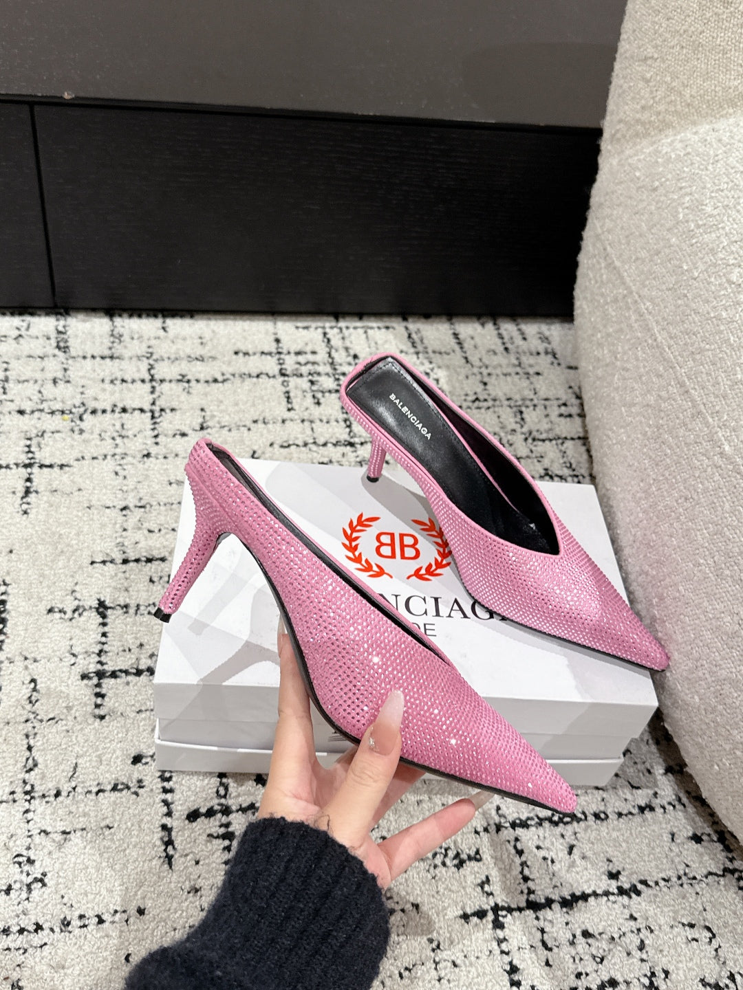KNIFE 65MM HIGH MULE IN SHOCKING PINK SUEDE ATTACHED FULL CRYSTALS - 35