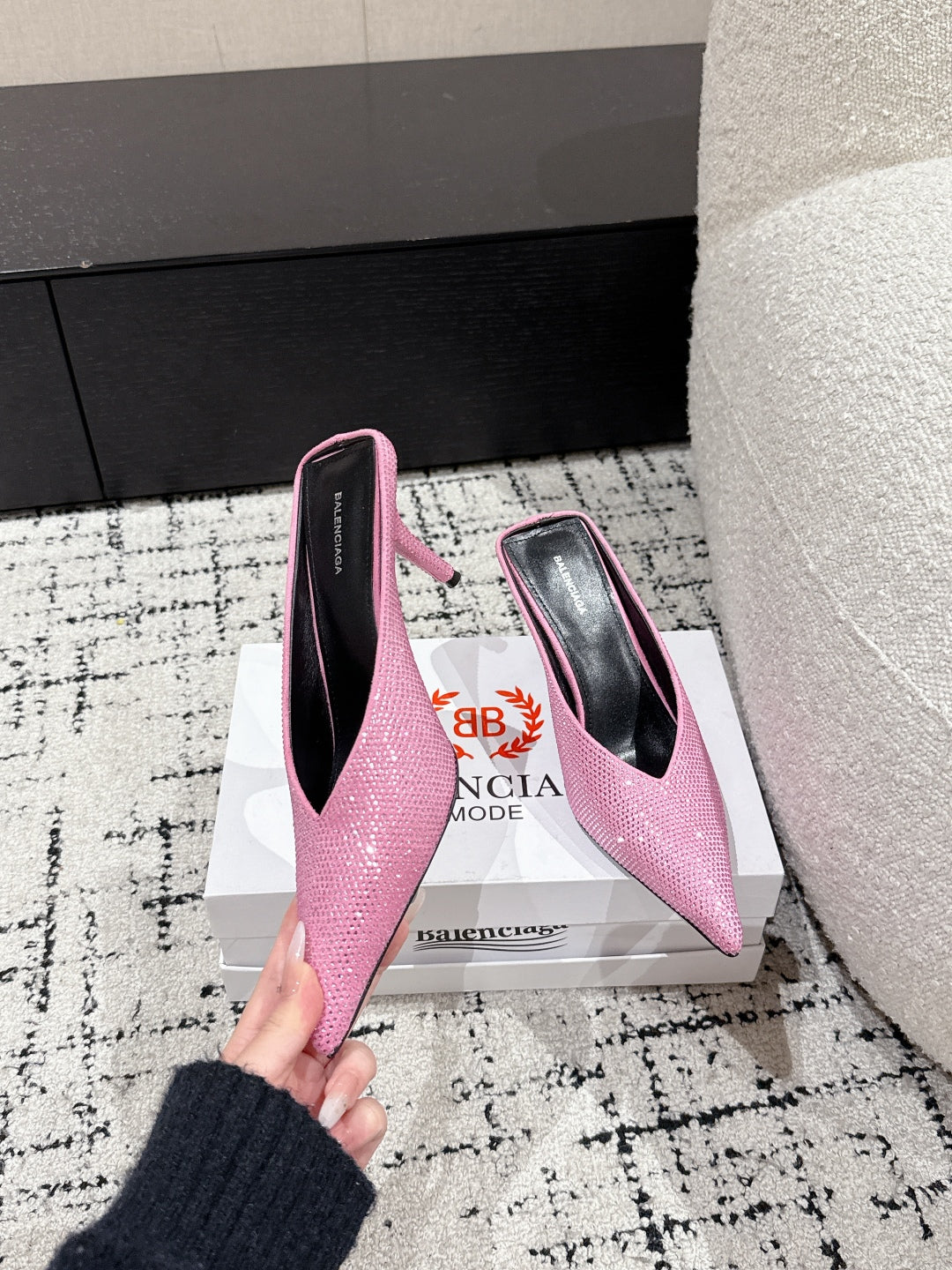 KNIFE 65MM HIGH MULE IN SHOCKING PINK SUEDE ATTACHED FULL CRYSTALS - 35