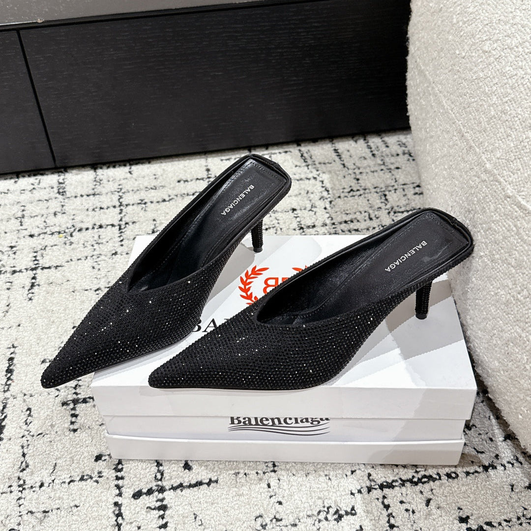 KNIFE 65MM HIGH MULE IN BLACK SUEDE ATTACHED FULL CRYSTALS - 35