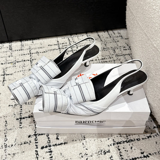 KNIFE CHEMISE 45MM SLINGBACK IN WHITE MIX BLACK COTTON AND CALFSKIN - 34