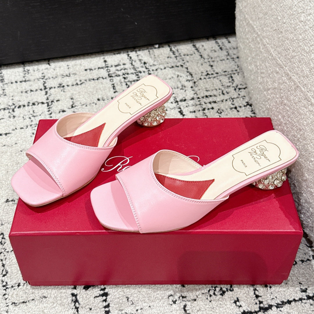 ROGER VIVIER 25S CRYSTAL HEEL MULE IN LIGHT PINK CALFSKIN - 34