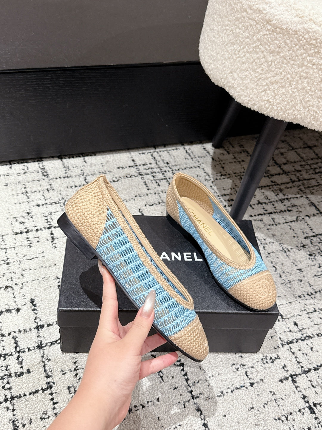 BALLET FLAT 25S IN BLUE AND BEIGE RAFFIA - 35