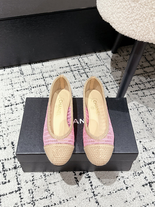 BALLET FLAT 25S IN PINK AND BEIGE RAFFIA - 35
