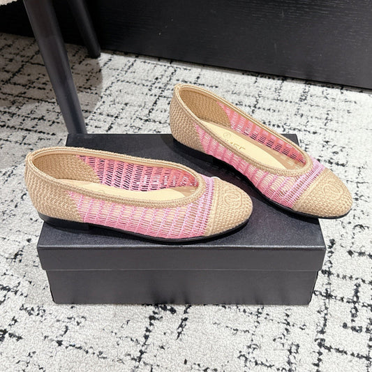 BALLET FLAT 25S IN PINK AND BEIGE RAFFIA - 35