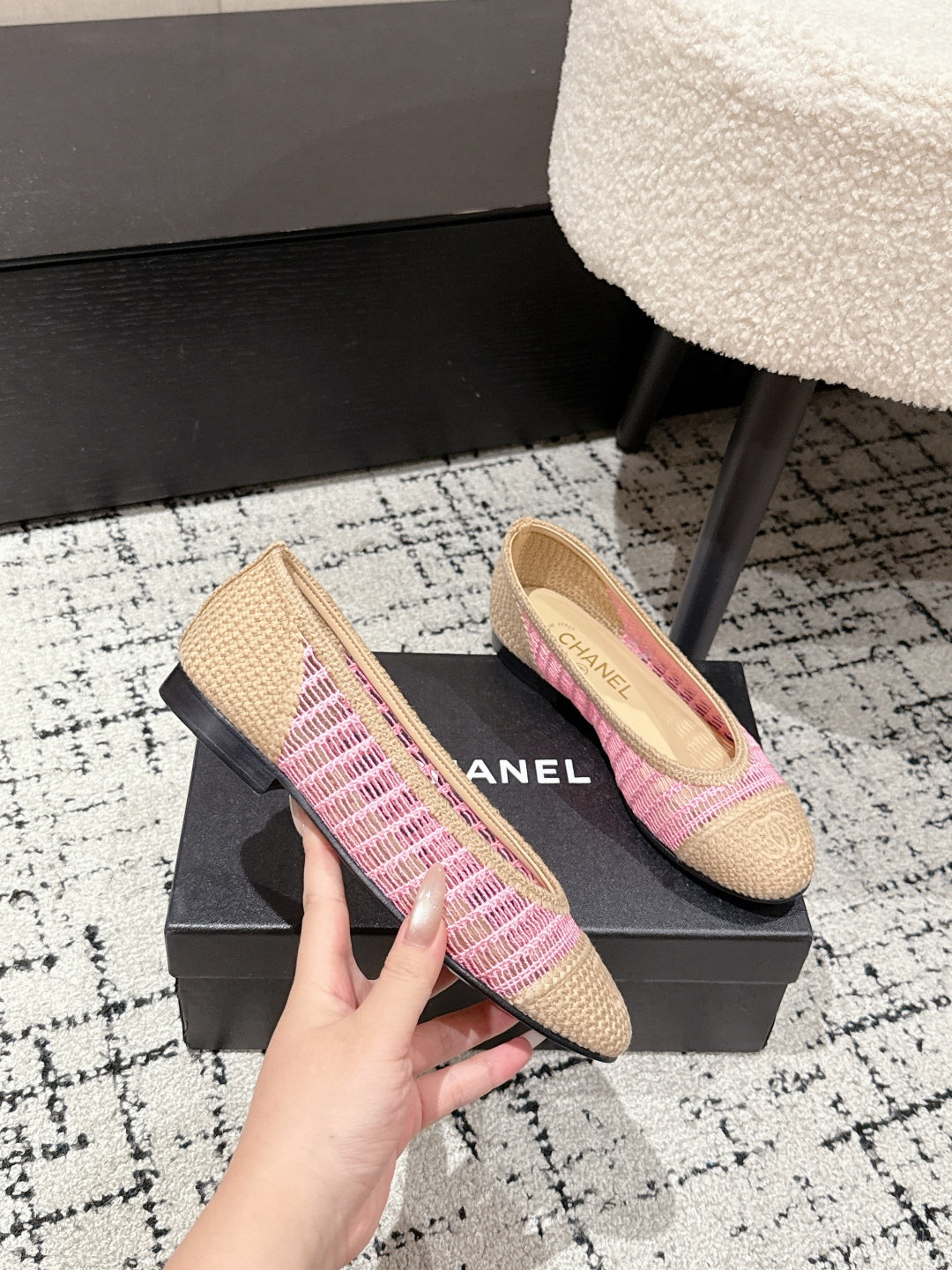 BALLET FLAT 25S IN PINK AND BEIGE RAFFIA - 35