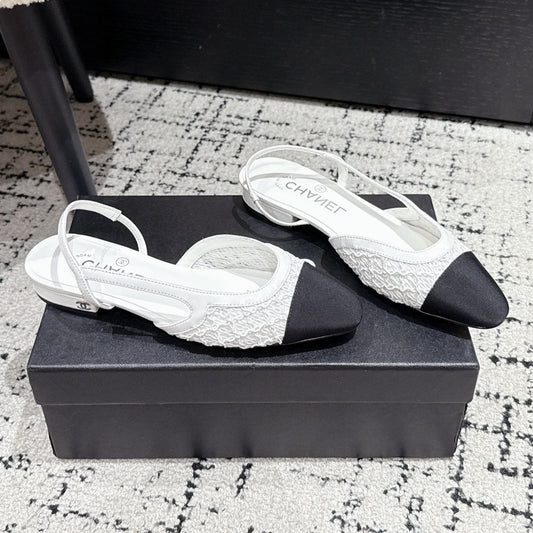 SLINGBACK 25S IN WHITE FABRIC AND BLACK CALFSKIN CANVAS - 35