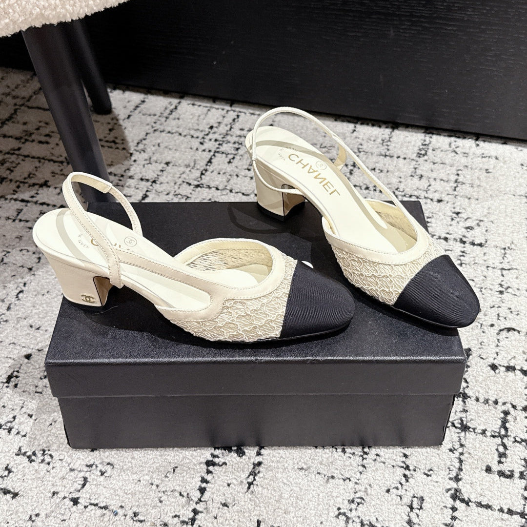 HIGH SLINGBACK 25S IN OFF WHITE FABRIC AND BLACK CALFSKIN CANVAS - 35