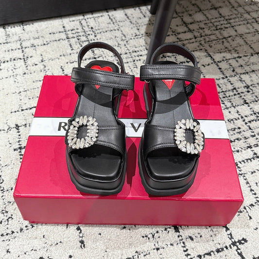 ROGER VIVIER 25S SLIDY VIV' WEDGE SANDALS 70 MM IN BLACK CALFSKIN EMBELLISHED CRYSTALS - 35