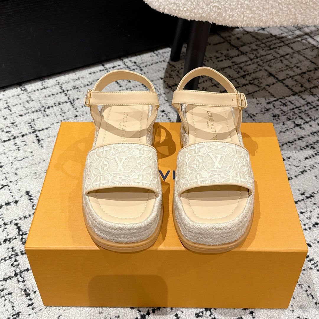 LV PLATFORM ESPADRILLE SANDALS 25S IN BEIGE FABRIC - 35