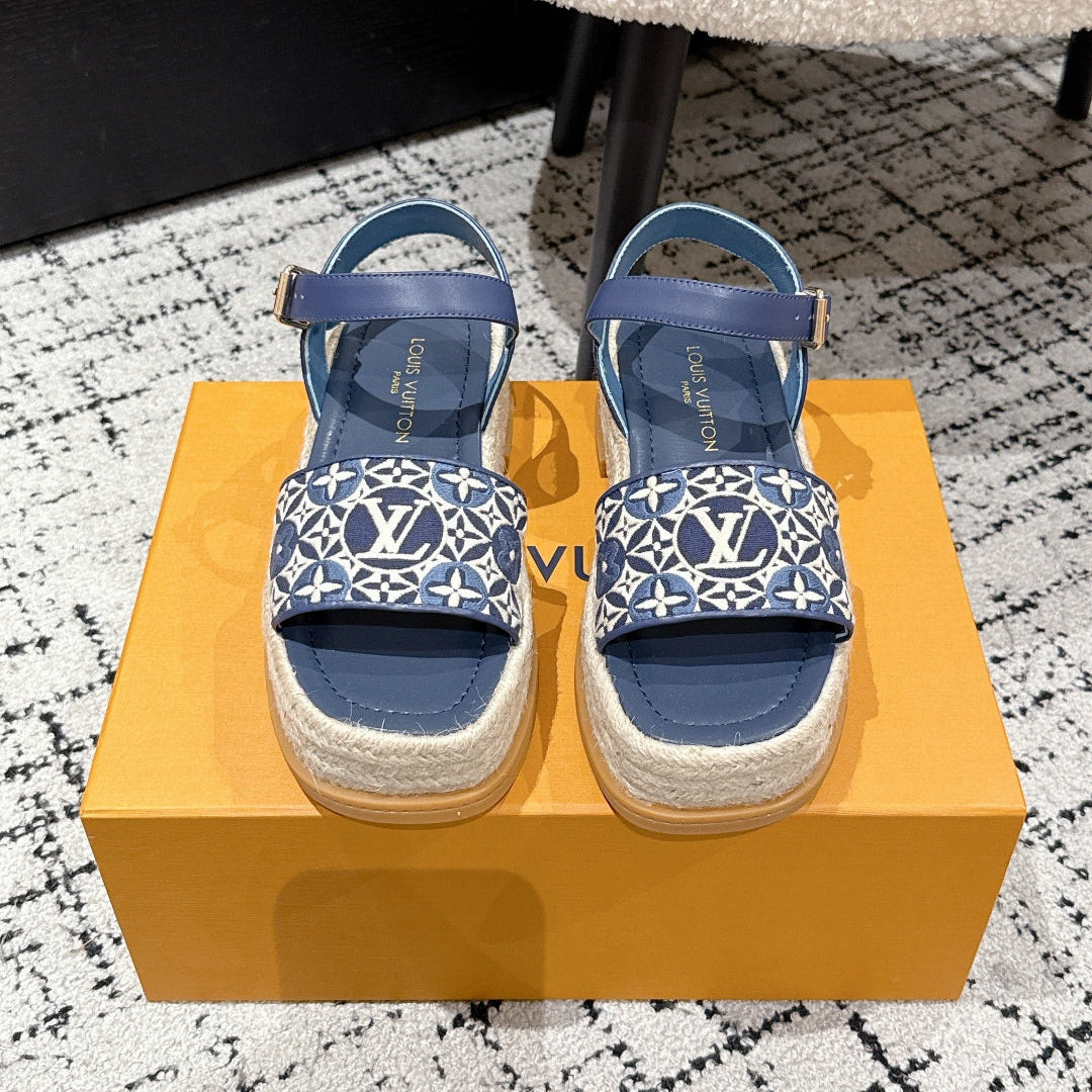 LV PLATFORM ESPADRILLE SANDALS 25S IN DARK BLUE FABRIC - 35