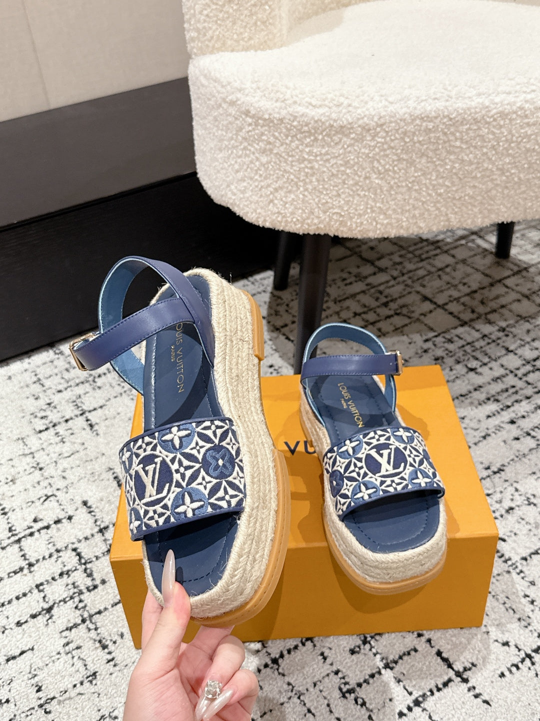 LV PLATFORM ESPADRILLE SANDALS 25S IN DARK BLUE FABRIC - 35