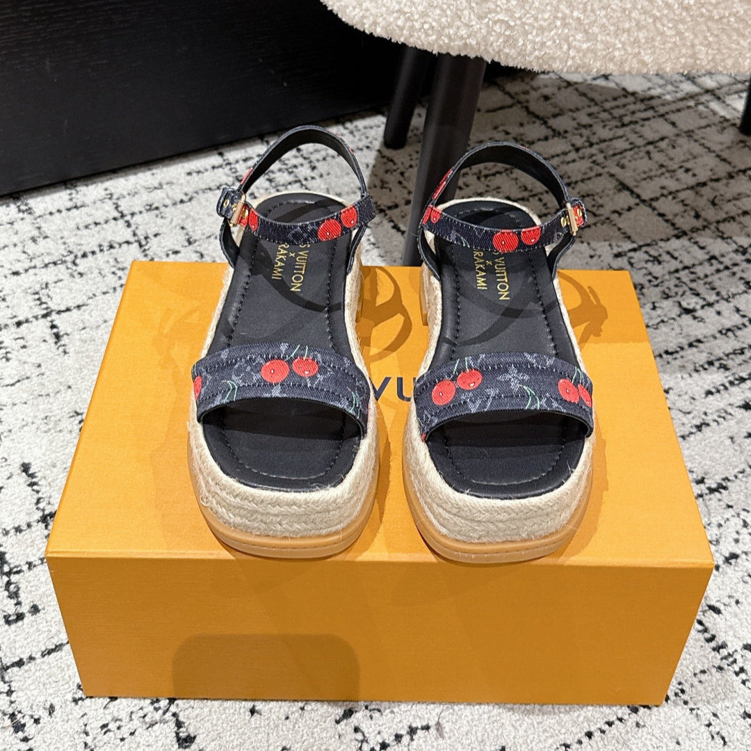 LV PLATFORM ESPADRILLE SANDALS 25S IN NAVY BLUE DENIM - 35