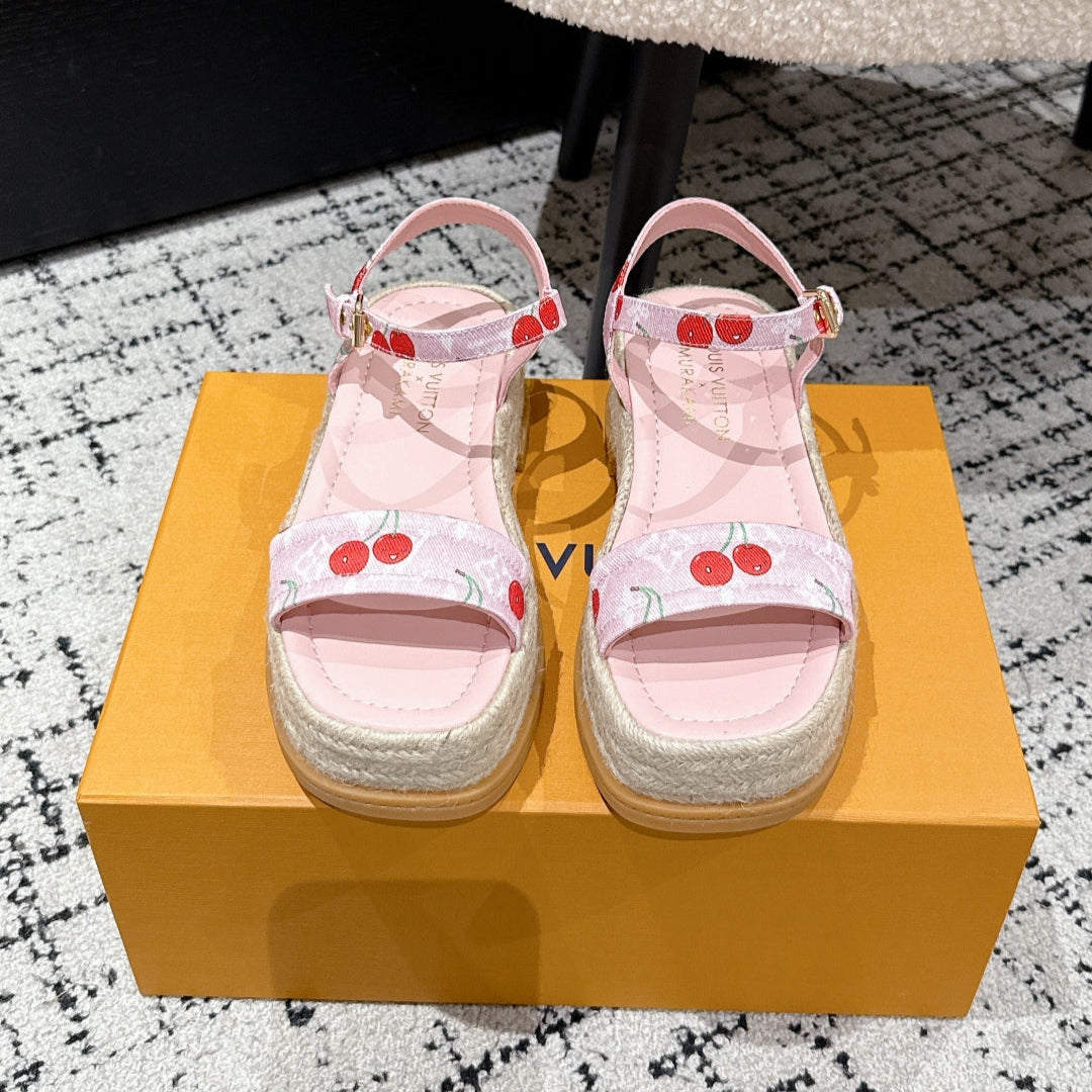 LV PLATFORM ESPADRILLE SANDALS 25S IN LIGHT PINK DENIM - 35