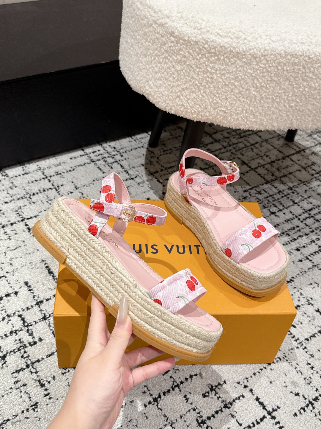 LV PLATFORM ESPADRILLE SANDALS 25S IN LIGHT PINK DENIM - 35