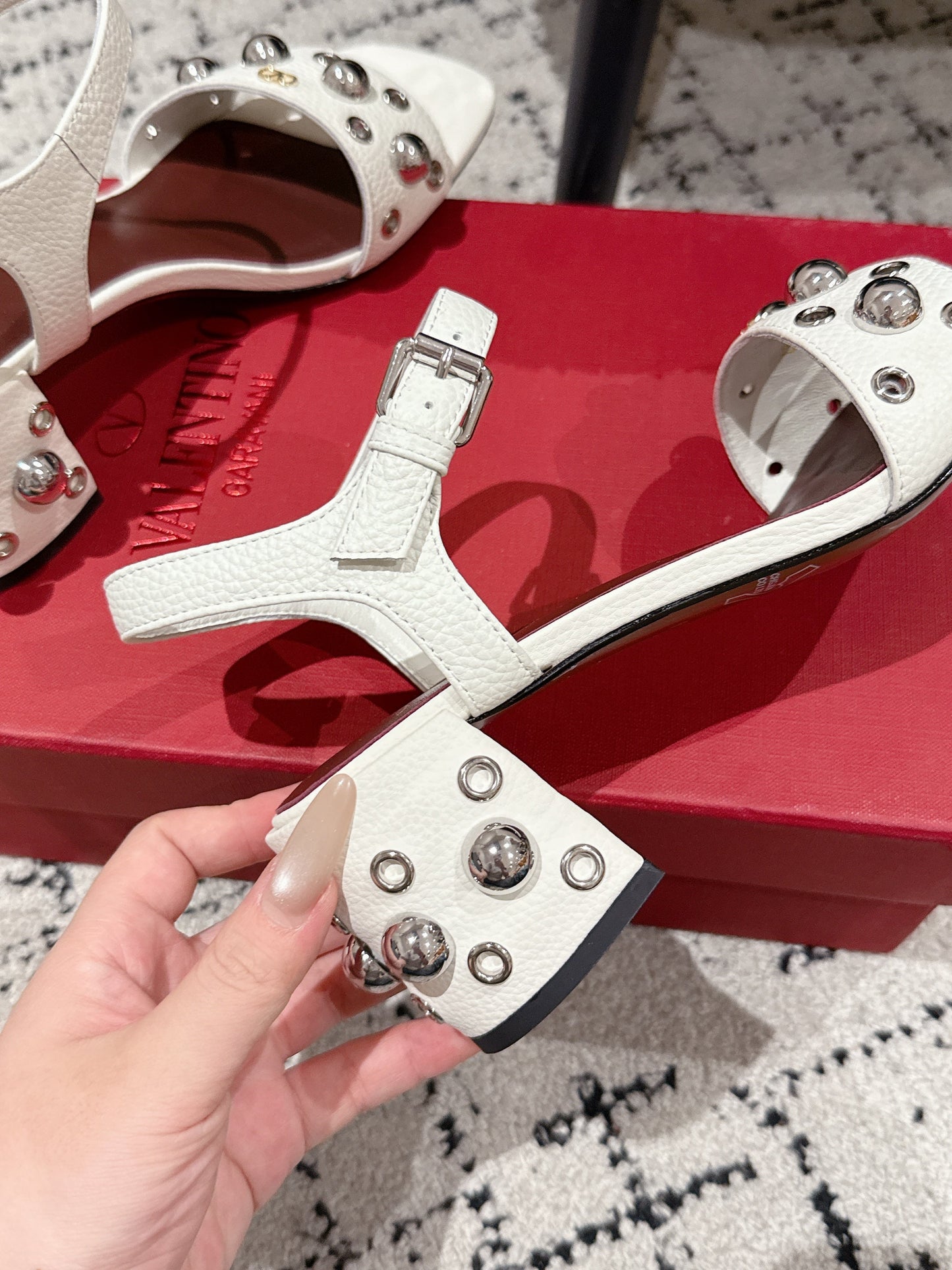 VLTN STUDDED BLOCK HEEL SANDALS 25S 60 MM IN WHITE LAMBSKIN - 35