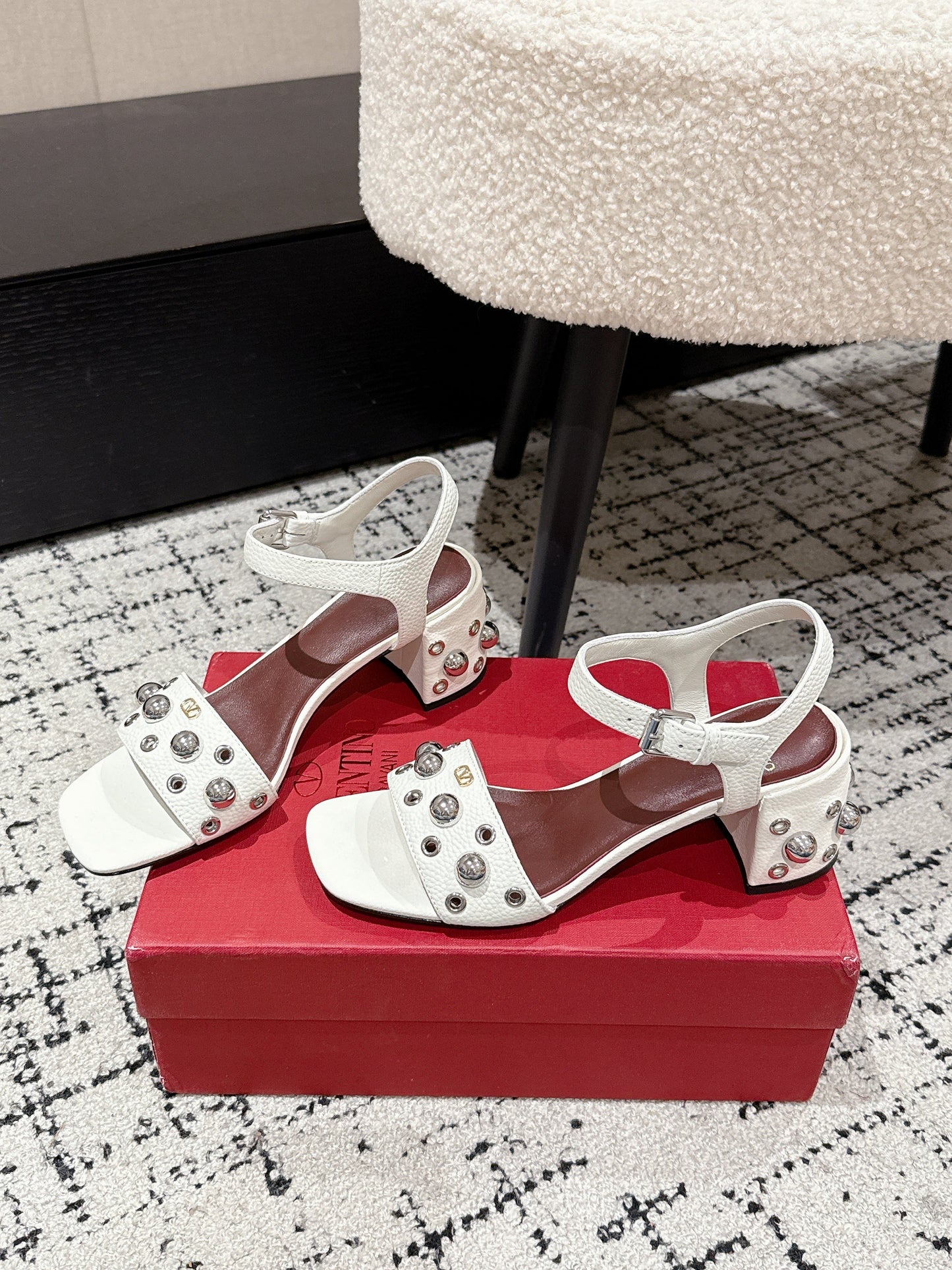VLTN STUDDED BLOCK HEEL SANDALS 25S 60 MM IN WHITE LAMBSKIN - 35