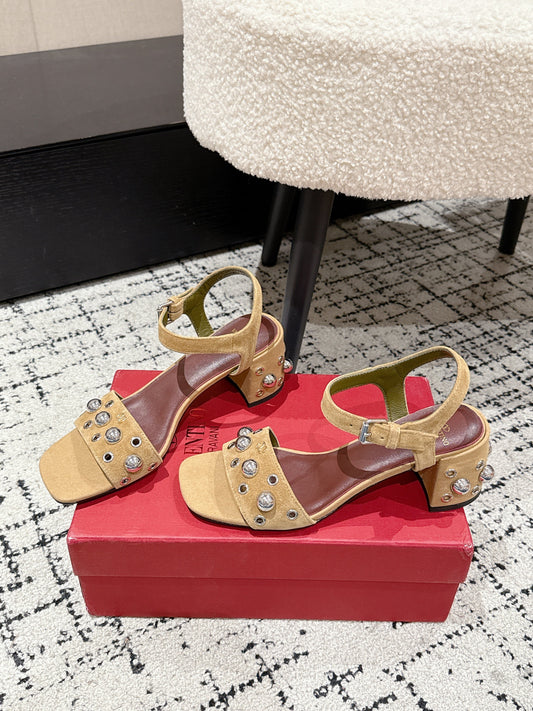 VLTN STUDDED BLOCK HEEL SANDALS 25S 60 MM IN LIGHT BROWN SUEDE - 35