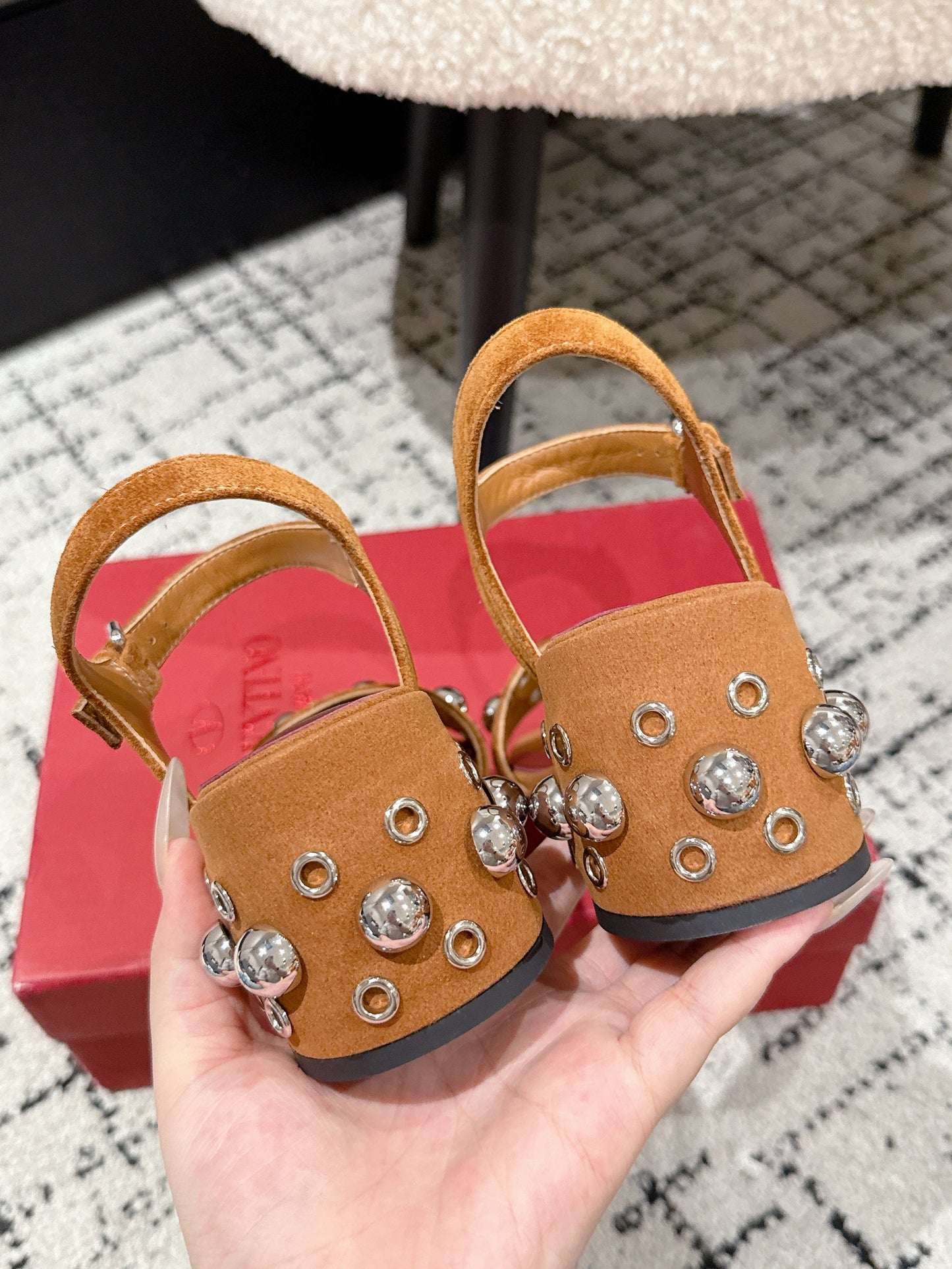 VLTN STUDDED BLOCK HEEL SANDALS 25S 60 MM IN BROWN SUEDE - 35
