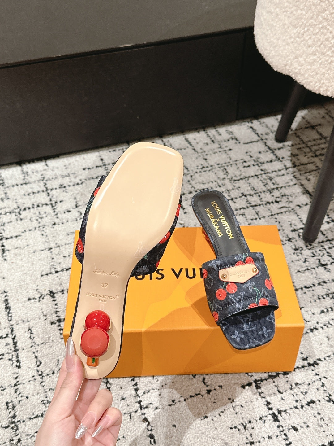 LV CHERRY HIGH HEELS 25S 55 MM IN CHARCOAL BLACK DENIM STYLE 10 - 35