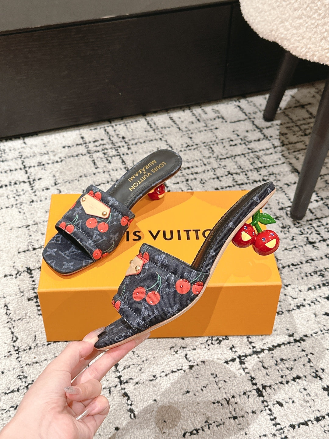 LV CHERRY HIGH HEELS 25S 55 MM IN CHARCOAL BLACK DENIM STYLE 10 - 35