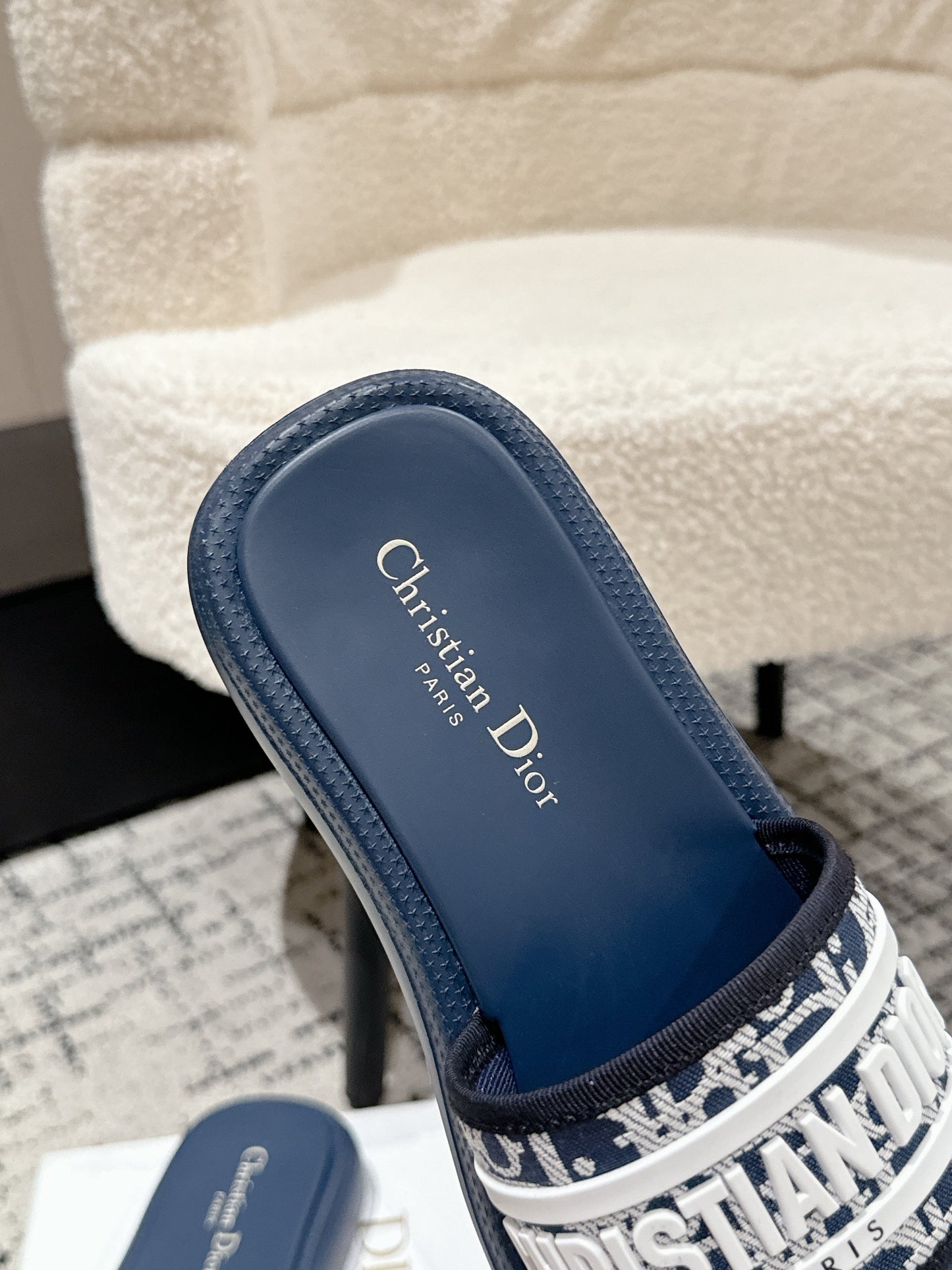 DIOR SLIDES 25S IN DUSTY NAVY BLUE LAMBSKIN AND FABIRC WITH BRAND LOGO STYLE 2 - 35