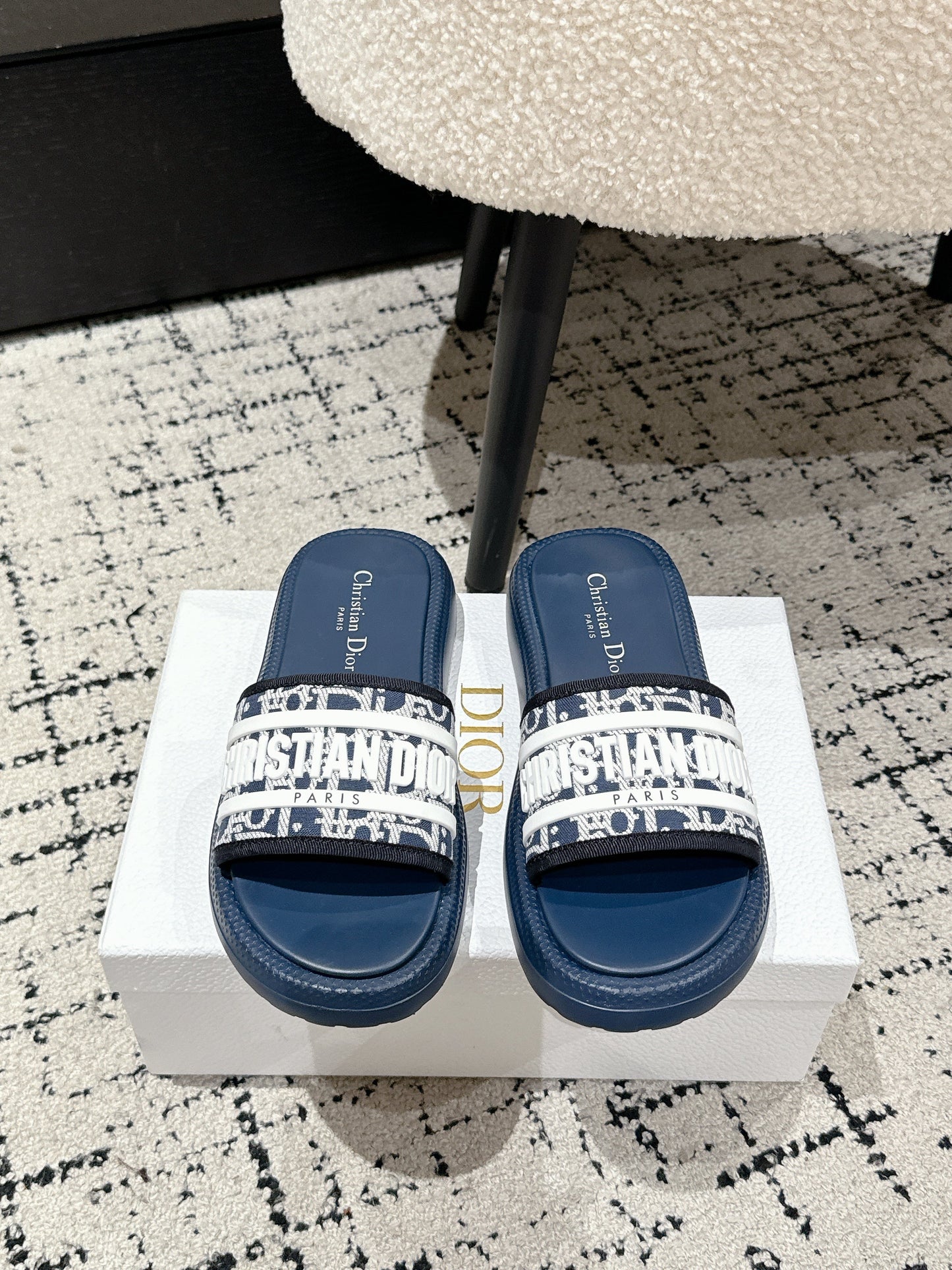 DIOR SLIDES 25S IN DUSTY NAVY BLUE LAMBSKIN AND FABIRC WITH BRAND LOGO STYLE 2 - 35