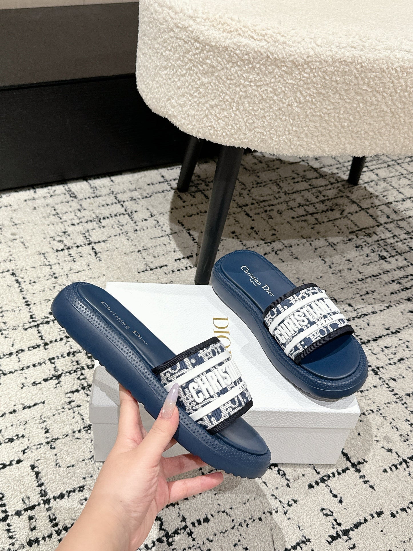 DIOR SLIDES 25S IN DUSTY NAVY BLUE LAMBSKIN AND FABIRC WITH BRAND LOGO STYLE 2 - 35