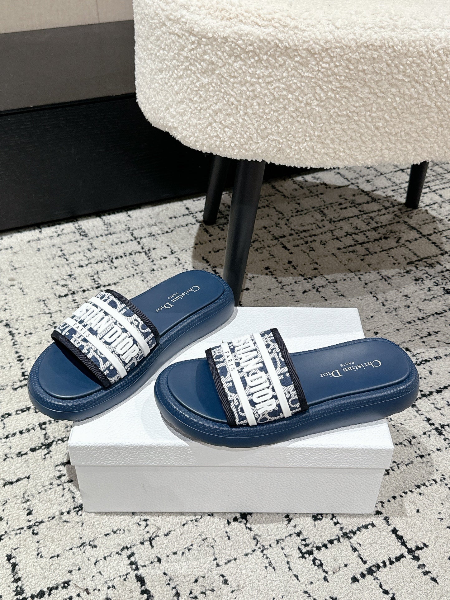 DIOR SLIDES 25S IN DUSTY NAVY BLUE LAMBSKIN AND FABIRC WITH BRAND LOGO STYLE 2 - 35