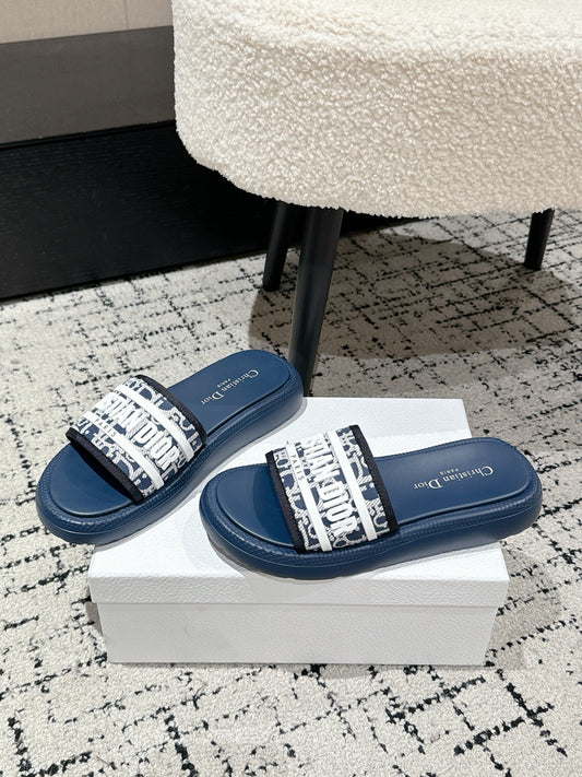DIOR SLIDES 25S IN DUSTY NAVY BLUE LAMBSKIN AND FABIRC WITH BRAND LOGO STYLE 2 - 35