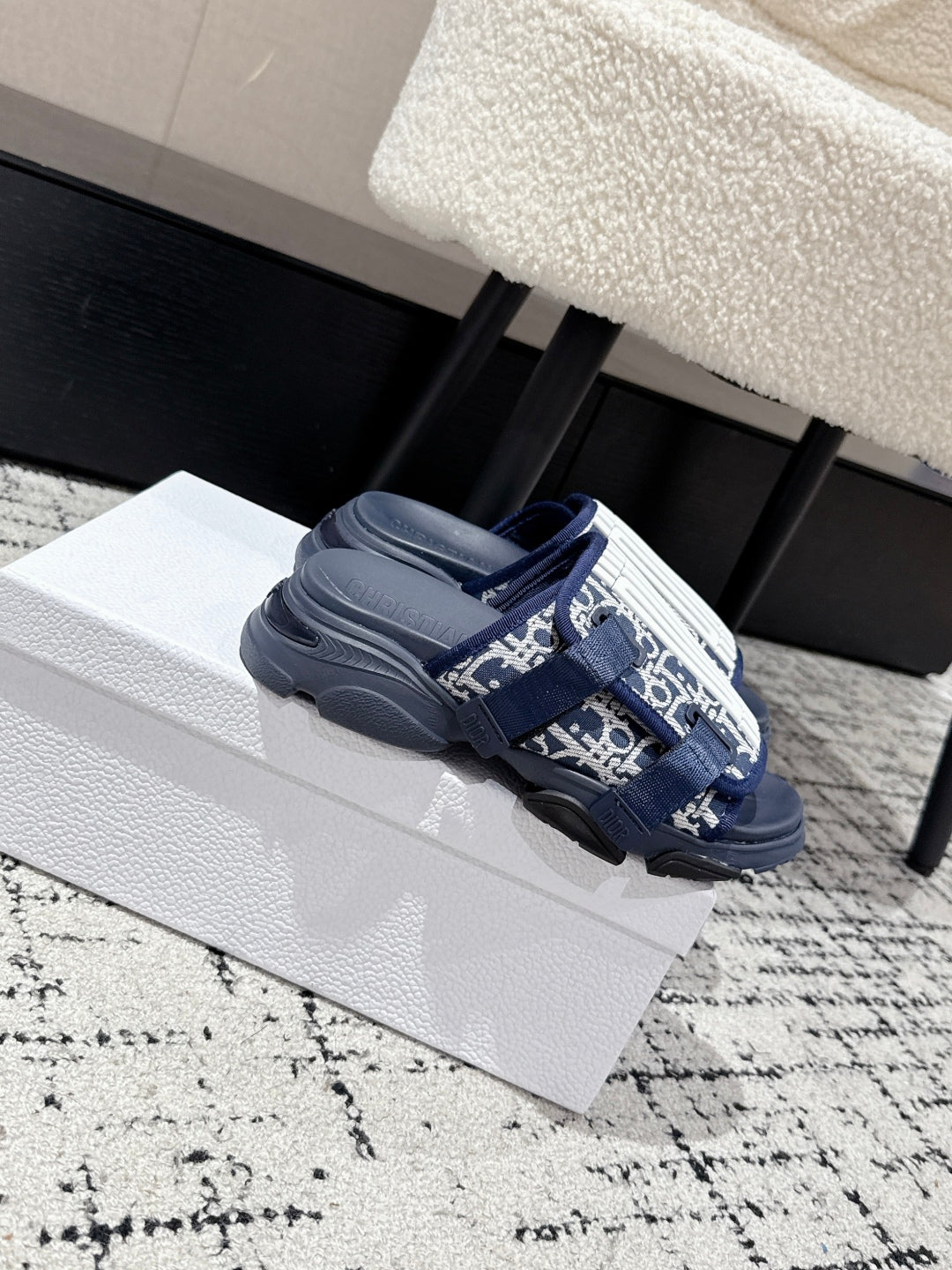 DIOR ADJUSTABLE STRAP SANDALS 25S 50 MM IN NAVY BLUE FABRIC MIX CALFSKIN STYLE 2 - 35