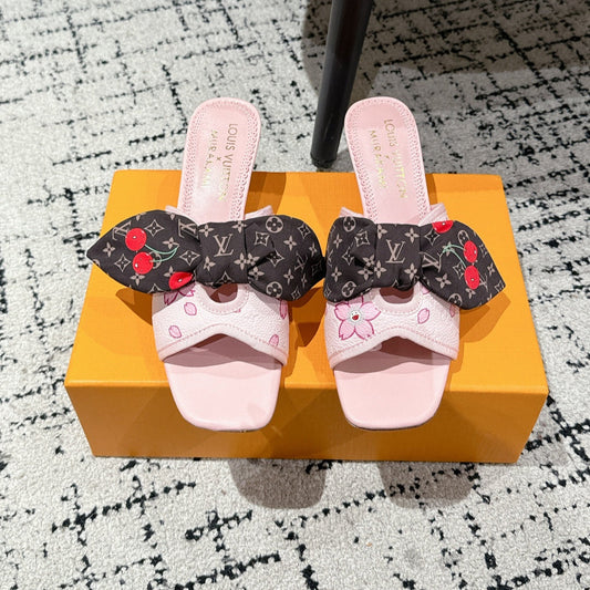 ТУФЛІ LV CHERRY НА ВИСОКИХ ПІДБОРАХ 25S З РОЖЕВОЇ ТЕЛЯЧОЇ ШКІРИ З БАНТОМ, СТИЛЬ 17 - 35