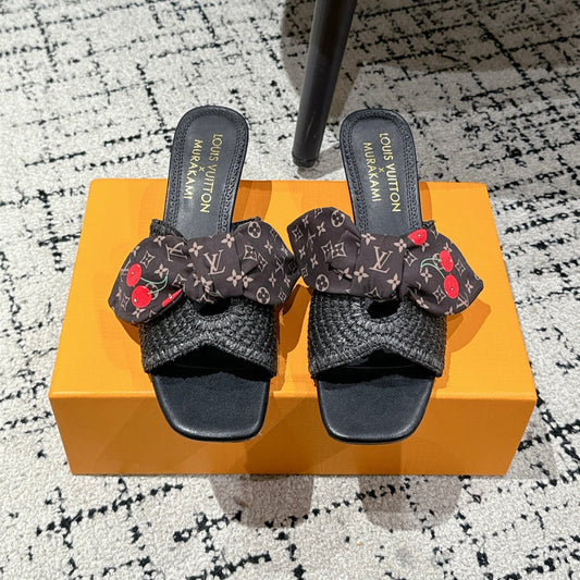 LV CHERRY ТУФЛІ НА ВИСОКИХ ПІДБОРАХ 25S ІЗ ЧОРНОЇ РАФІЇ З БАНТОМ СТИЛЬ 14 - 35